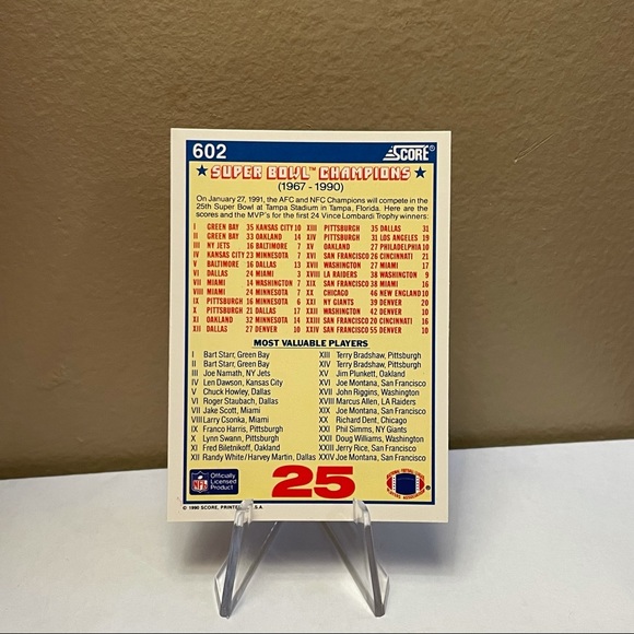 Super Bowl XXV 1990 Score Football Card - Picture 3 of 3